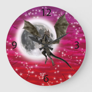 Relógio Grande Dragão Negro - Criatura Fantástica Mítica Céu Verm