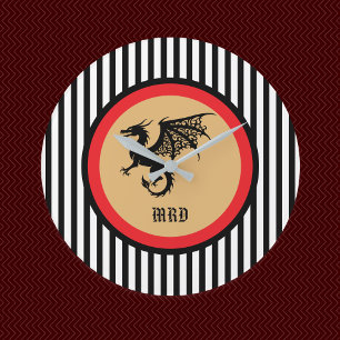 Relógio Grande Dragão Preto com Monograma em Listras Pretas e Bra