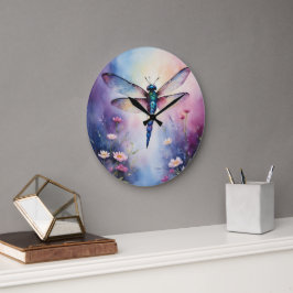 Relógio Grande Dragonfly com Flores Purple Watercolor