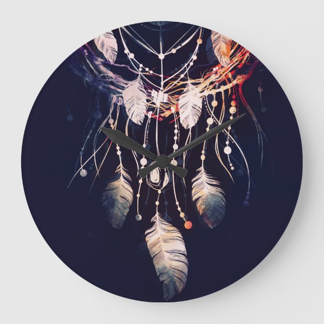 Relógio Grande Dreamcatcher, galhos, estilo boho, arte digital. (Frente)