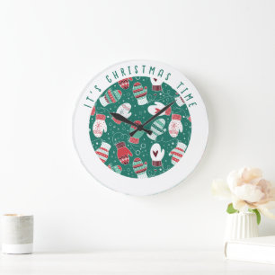 Relógio Grande É o padrão do tempo de Natal Cozy Mittens em verde