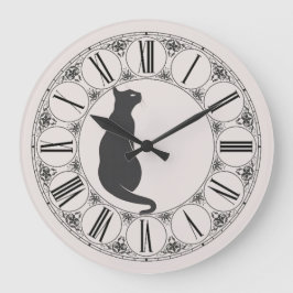 Relógio Grande Ecrus com Gato Negro e Rosto Numérico Romano