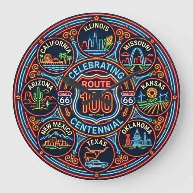 Relógio Grande Eight State Route 66 Centennial Neon (Frente)