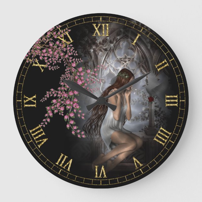 Relógio Grande Ela Espera - Angel Vignette Wall Clock (Frente)
