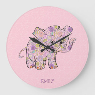 Relógio Grande Elefante floral do bebê no damasco cor-de-rosa