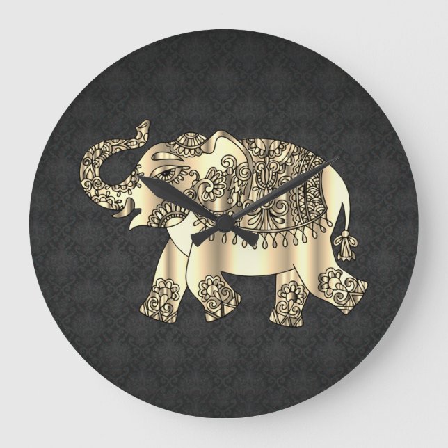 Relógio Grande Elefante Floral Dourado Paisley,Damasco Preto (Frente)