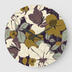 Relógio Grande elegância floral, padrão de folha vintage.
