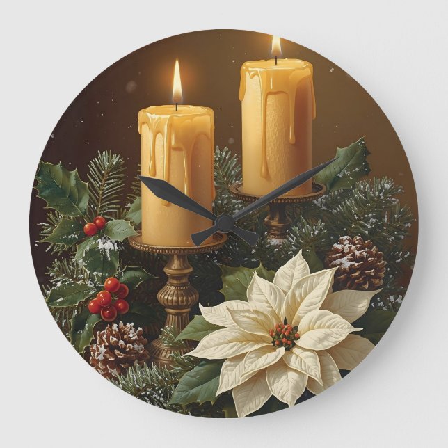 Relógio Grande Elegant candle Christmas holly pine warm festive  (Frente)