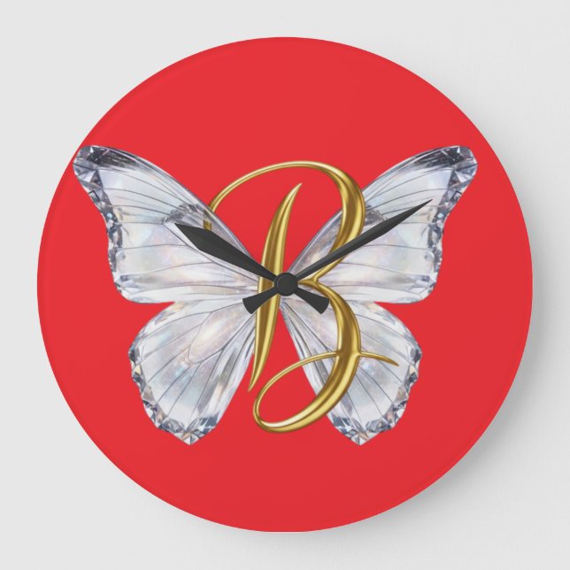 Relógio Grande Elegant Floral Butterfly Letter B - Artistic Monog (Frente)