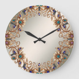 Relógio Grande Elegant Gold Jewel Flowers Wall Clock