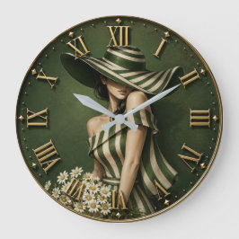 Relógio Grande Elegant Green Striped Lady with Wide Brim Hat