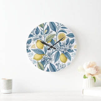 Relógio Grande Elegant Mediterranean Lemon Botanical Navy