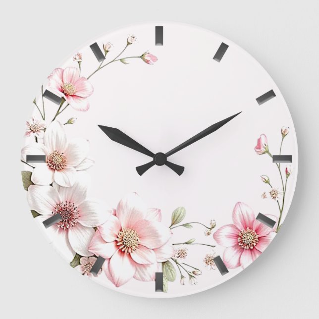 Relógio Grande Elegant Pink White Floral Wall Clock (Frente)