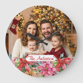 Relógio Grande Elegant Poinsettia Floral Border Custom Photos