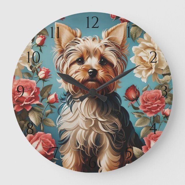 Relógio Grande Elegant Yorkshire Terrier Portrait Rosa Garden (Frente)