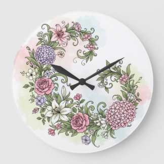 Relógio Grande Elegante Coroa Floral Vintage com Rosas Rosa e 