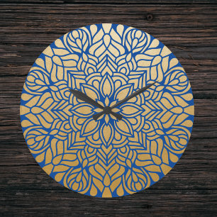 Relógio Grande Elegante Dourado e Blue Floral Mandala