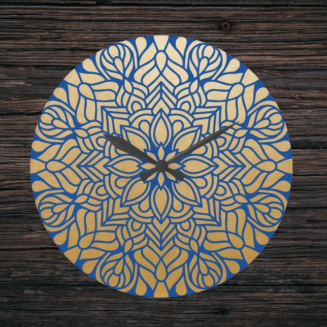 Relógio Grande Elegante Dourado e Blue Floral Mandala (Criador carregado)