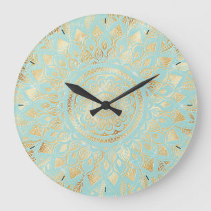 Relógio Grande Elegante Dourado Teal Mandala Floral