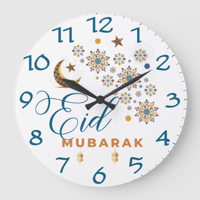 Relógio Grande Elegante Eid Mubarak Caligrafia Lua Estrelas (Frente)