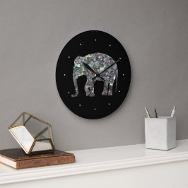 Relógio Grande Elegante elefante brilhante em mosaico prateado