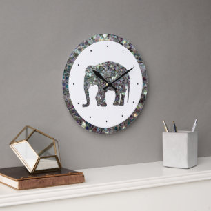 Relógio Grande Elegante elefante brilhante mosaico em prata