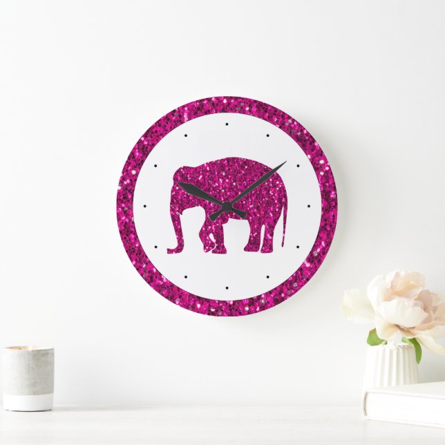 Relógio Grande Elegante elefante rosa brilhante com faíscas branc (Lar)