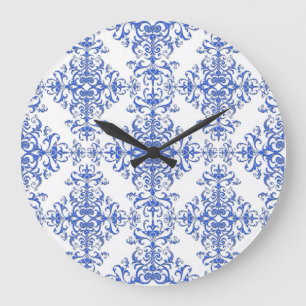 Relógio Grande Elegante estilo damasco floral em azul cobalto e b