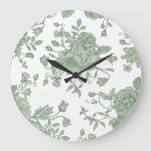 Relógio Grande Elegante Floral Francês Verde Salvia Vintage