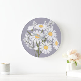 Relógio Grande Elegante Floral White Daisies na Lavanda