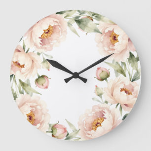 Relógio Grande Elegante fundo floral de peônia em aquarela rosada