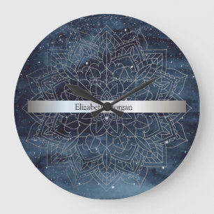 Relógio Grande Elegante Mandala Moderna em Azul Naval com Faixa P
