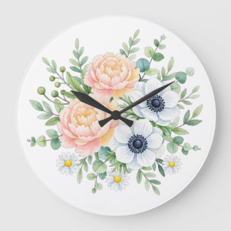 Relógio Grande Elegante peônia em aquarela e floral de anemona br