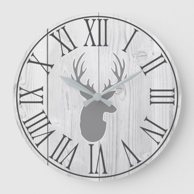 Relógio Grande Elegante Rustic Faux White Wood & Cinza Deer (Frente)