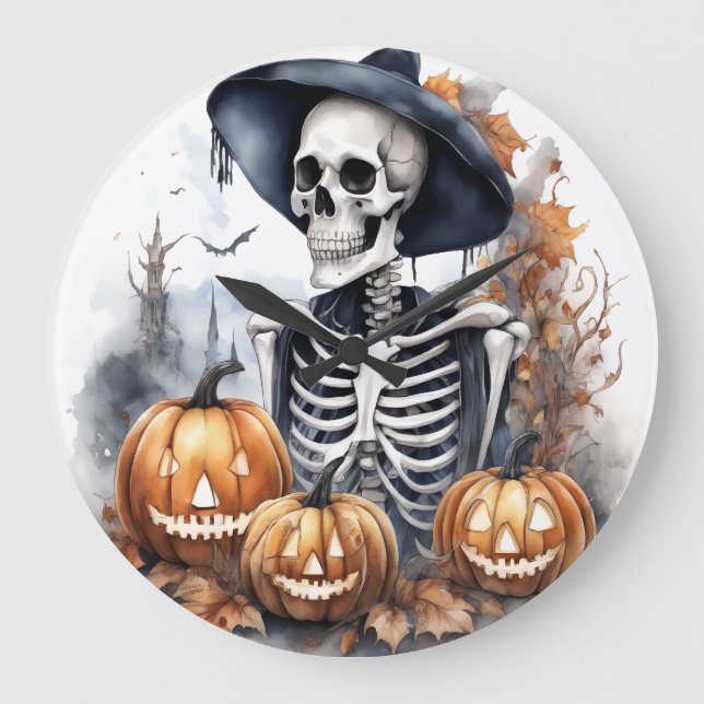 Relógio Grande Elegante Skeleton Halloween Watercolor (Frente)