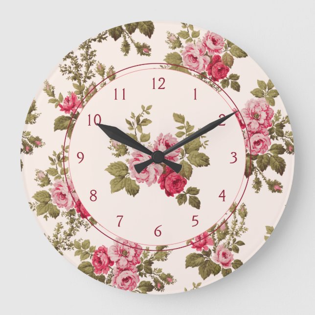 Relógio Grande Elegante Vintage Rosa Roses-Buff Fundo (Frente)