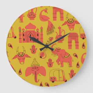 Relógio Grande Elementos Indianos, Vintage Desenhado À Mão.