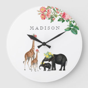 Relógio Grande Elephant & Giraffe Floral Custom Baby Name