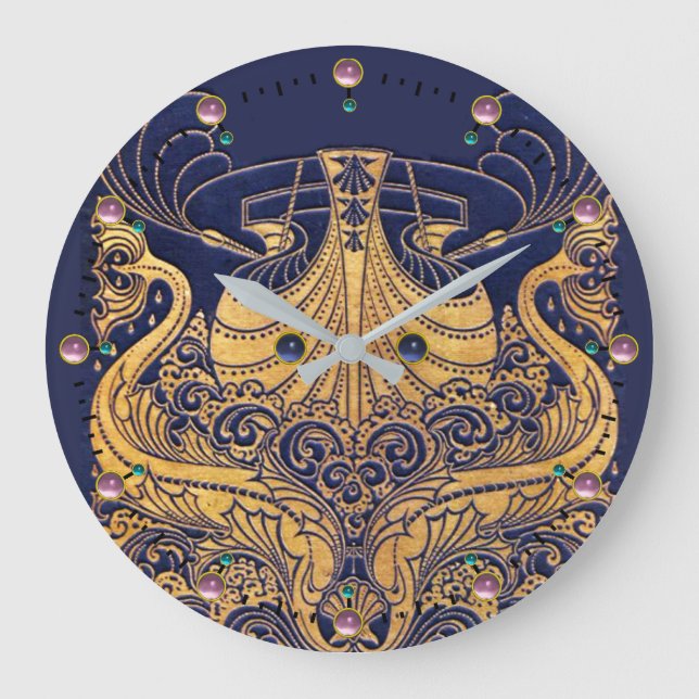 Relógio Grande Embarcação Antiga,Golfinhos,Dourado,Azul Marinho N (Frente)