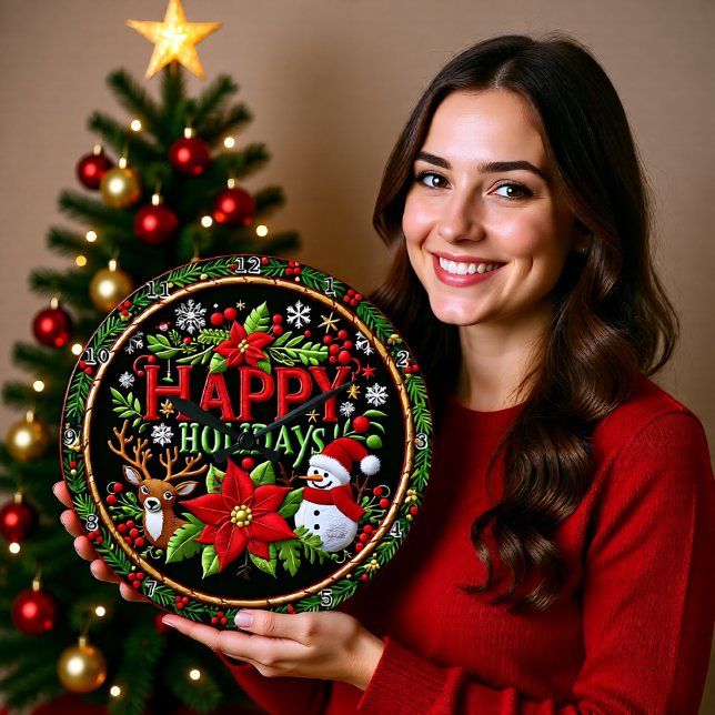 Relógio Grande Embroidered Happy Holidays Black (Criador carregado)