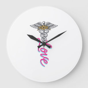 Relógio Grande Enfermeira Amor Caduceu Floral Médico Desenho Vert