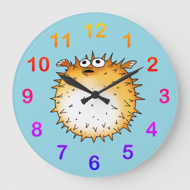 Relógio Grande Engraçado Cartoon Puffer Fish Design (Frente)