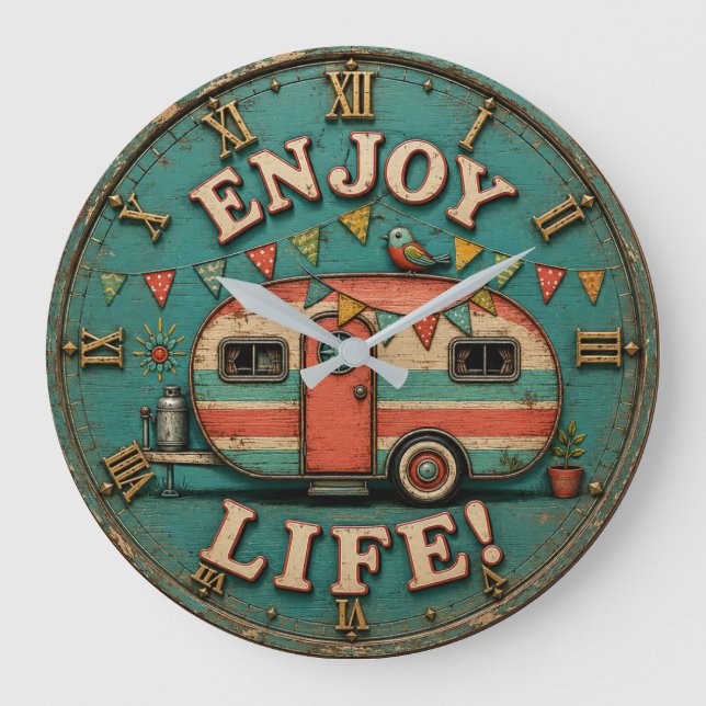 Relógio Grande Enjoy Life Camper Rustic Trailer Gift for Campers (Frente)