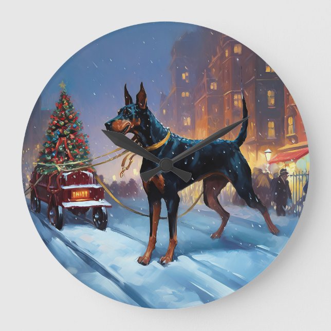 Relógio Grande Época Festiva de Natal do Doberman (Frente)