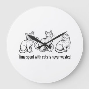 Relógio Grande Esboço a Tinta Preta de Três Gatos com "Tempo pass