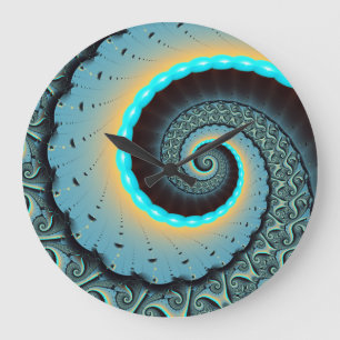 Relógio Grande Espiral de Arte Fractal Laranja abstrato azul Turq
