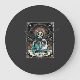 Relógio Grande Esqueleto de Gata Tarot Floral Gótico
