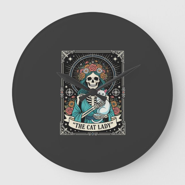 Relógio Grande Esqueleto de Gata Tarot Floral Gótico (Frente)