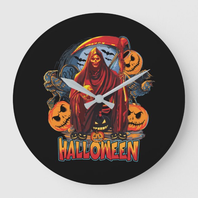 Relógio Grande Esqueleto de Mau de Halloween, Abóbora (Frente)