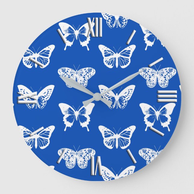 Relógio Grande Esquema da borboleta, azul cobalto e branco (Frente)